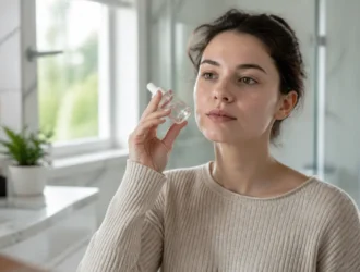 Une femme en pull beige tient un flacon en verre pour illustrer comment choisir ses soins au quotidien.