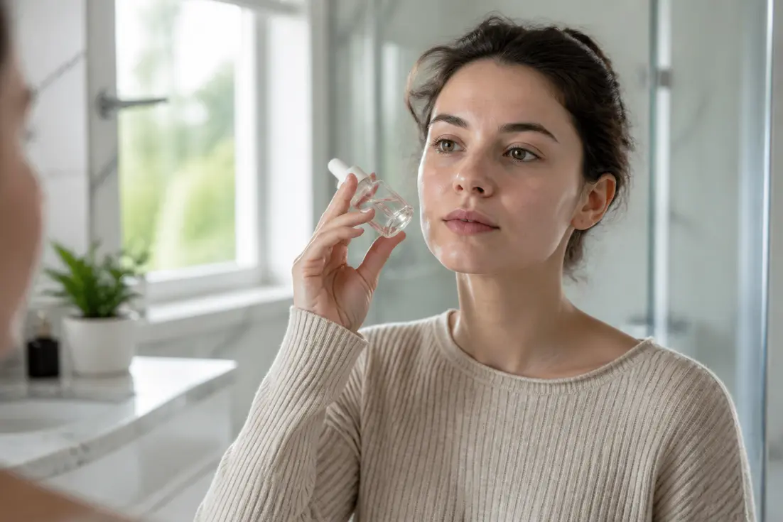Une femme en pull beige tient un flacon en verre pour illustrer comment choisir ses soins au quotidien.