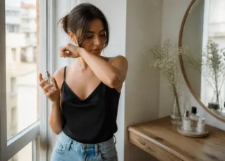 Une femme élégante teste comment choisir parfum longue tenue abordable près d'une fenêtre lumineuse chez elle.