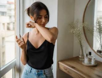 Une femme élégante teste comment choisir parfum longue tenue abordable près d'une fenêtre lumineuse chez elle.