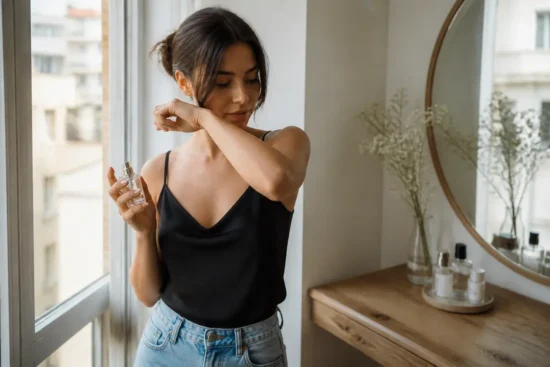 Une femme élégante teste comment choisir parfum longue tenue abordable près d'une fenêtre lumineuse chez elle.