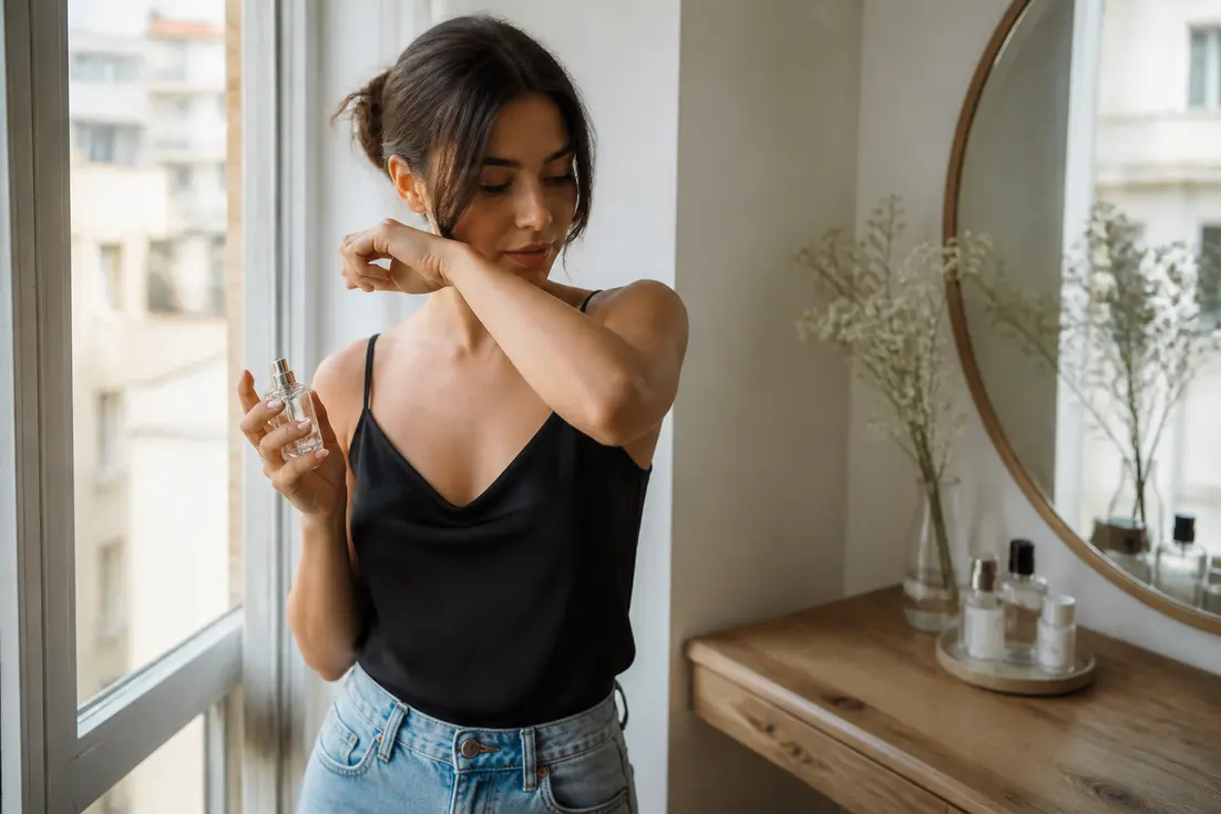 Une femme élégante teste comment choisir parfum longue tenue abordable près d'une fenêtre lumineuse chez elle.