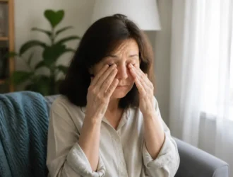 femme se frottant doucement les paupières dans un salon lumineux pour illustrer le flash lumineux yeux fermés
