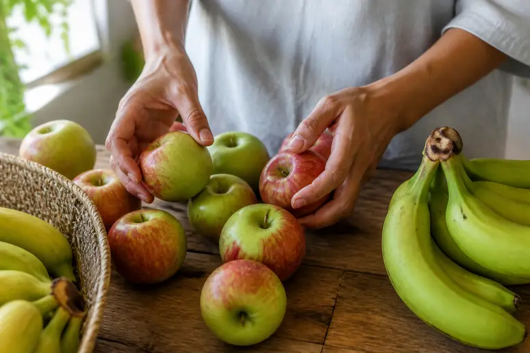Mains triant des fruits frais pour choisir les meilleurs produits bio