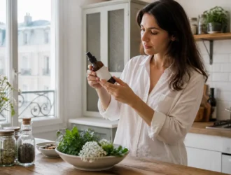 Une femme analyse les étiquettes pour savoir comment choisir produits bio dans sa cuisine lumineuse