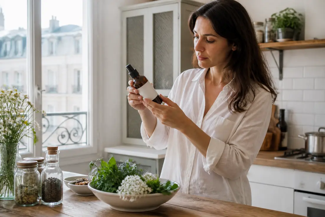 Une femme analyse les étiquettes pour savoir comment choisir produits bio dans sa cuisine lumineuse