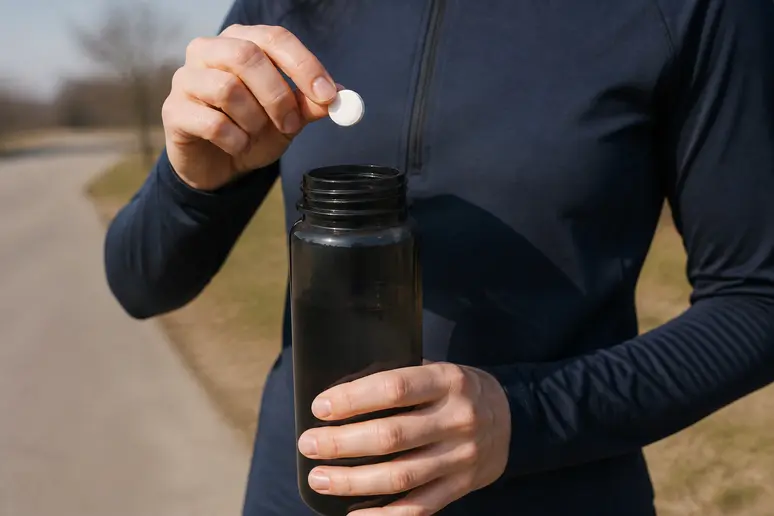 Sportif préparant une boisson aux électrolytes dans une gourde avant l'entraînement