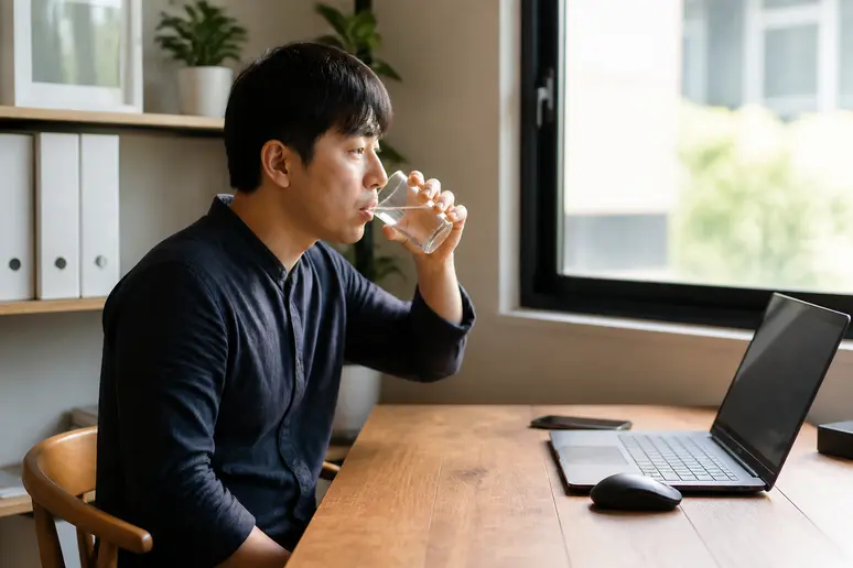 Personne buvant un simple verre d'eau claire au bureau pour s'hydrater