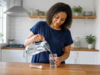Femme préparant une boisson pour tester les Hydratis bienfaits énergie récupération dans sa cuisine