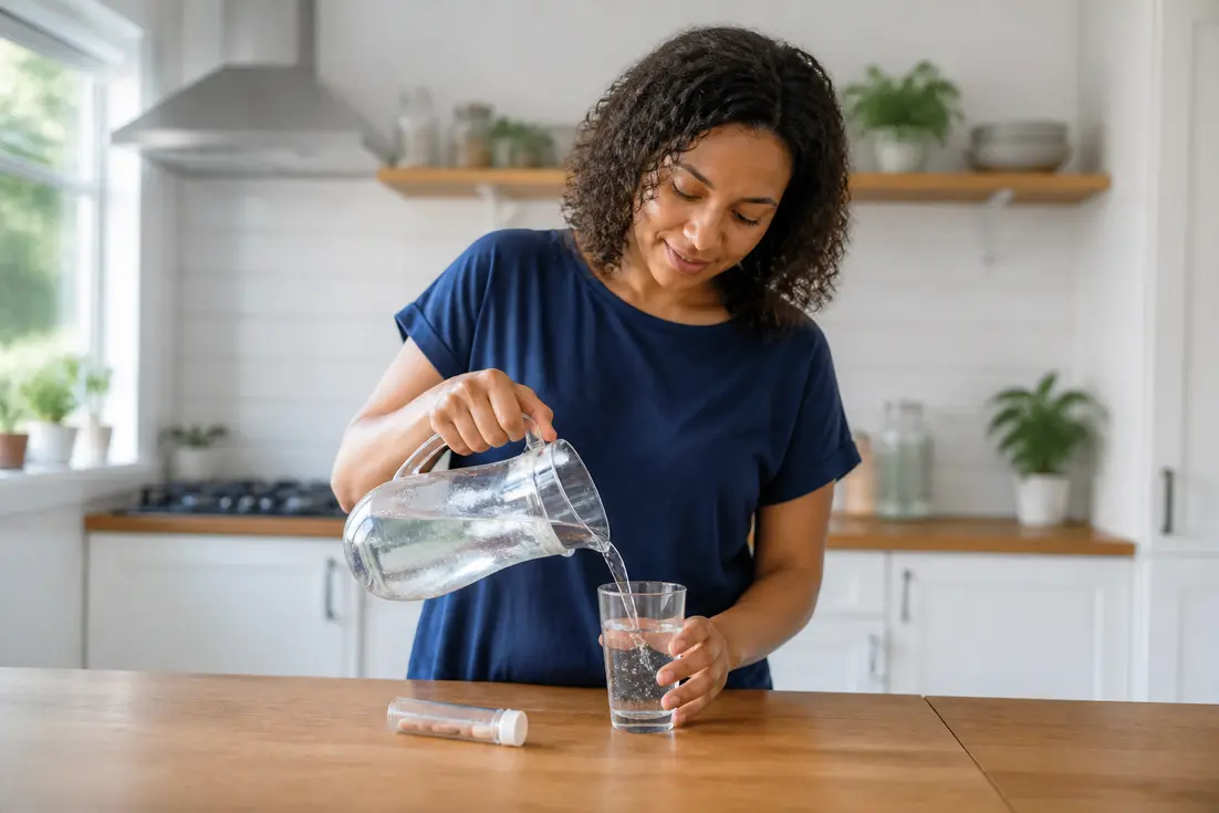 Femme préparant une boisson pour tester les Hydratis bienfaits énergie récupération dans sa cuisine