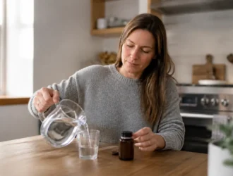 Femme préparant un verre d'eau le matin avec des compléments alimentaires dans sa cuisine pour Joia Minceur avis
