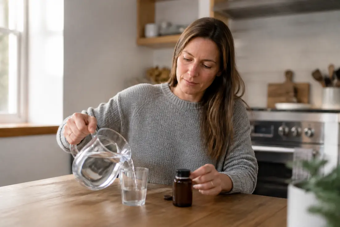 Femme préparant un verre d'eau le matin avec des compléments alimentaires dans sa cuisine pour Joia Minceur avis