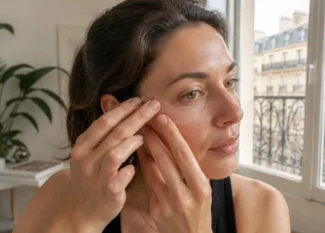 Une femme applique un soin cutané transparent lors de son rituel avec leaf cosmetics avis.