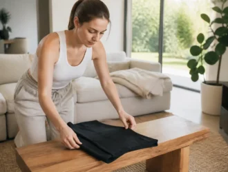 Une femme plie un legging anti cellulite sur un banc en bois dans un salon lumineux.
