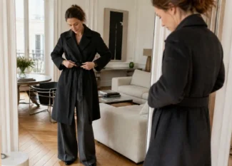 Une femme élégante compose une tenue équilibrée pour savoir comment s'habiller chic dans son salon.