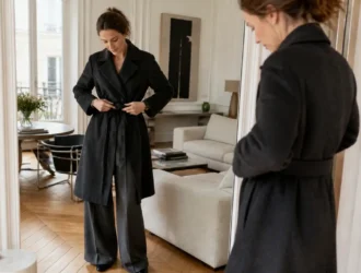 Une femme élégante compose une tenue équilibrée pour savoir comment s'habiller chic dans son salon.