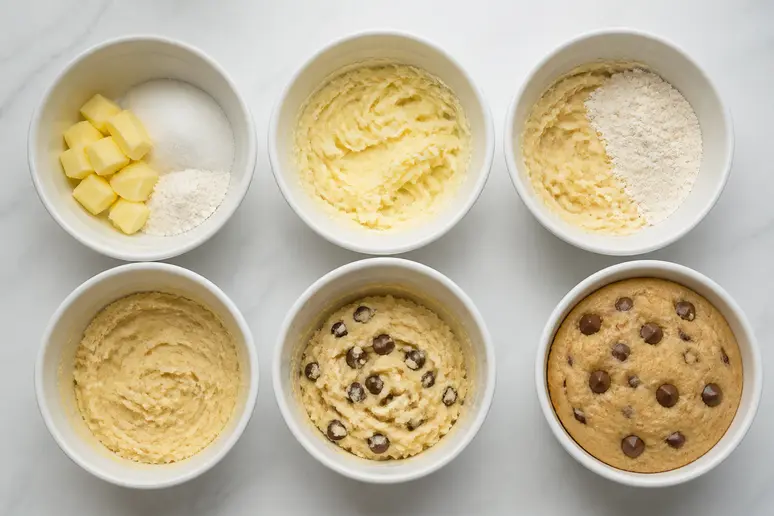 La préparation d'un mug cake cookie avec ses ingrédients dosés sur un plan de travail