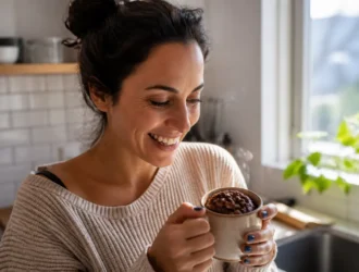 Dégustation d'un délicieux mug cake cookie parfait fait maison dans une cuisine lumineuse.