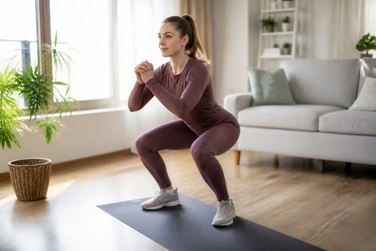 Femme réalisant un exercice de renforcement musculaire au poids du corps sur son tapis