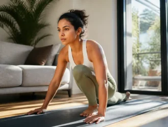 Femme en tenue de sport faisant des étirements sur un tapis pour un Noomba Sport avis