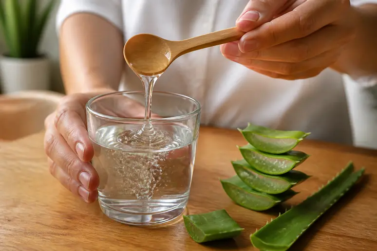 Verser une cuillère à soupe de Simply Aloe dans un verre d'eau pour la dilution quotidienne