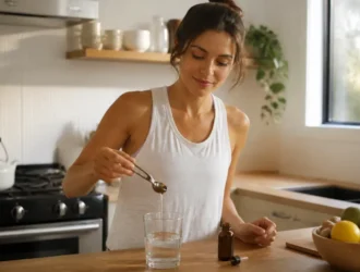 Une femme préparant sa boisson bien-être dans sa cuisine montre comment utiliser Simply Aloe au quotidien.