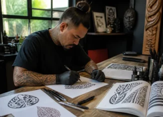 Choisir tatouage maori homme en dessinant un motif personnalisé sur papier dans un atelier