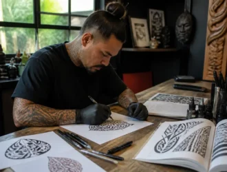 Choisir tatouage maori homme en dessinant un motif personnalisé sur papier dans un atelier