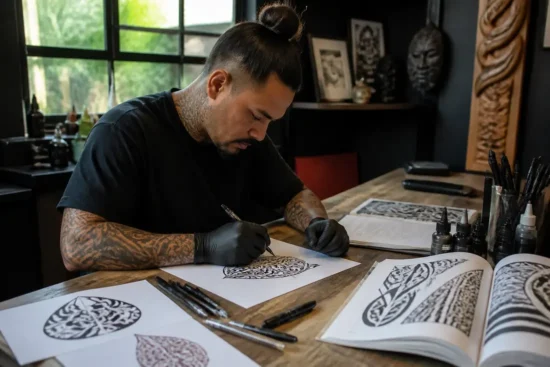 Choisir tatouage maori homme en dessinant un motif personnalisé sur papier dans un atelier