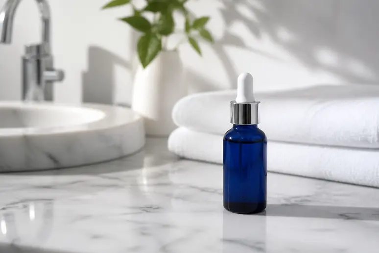 Flacon de sérum émail blancheur nuit posé sur un plan de travail.
