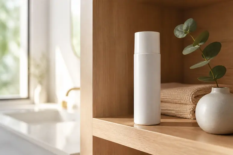 Flacon de trente millilitres de sérum dentaire sur une étagère en bois.