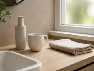 Bouteille de soin dentaire minimaliste sur un meuble de salle de bain en bois avec The Smilist avis