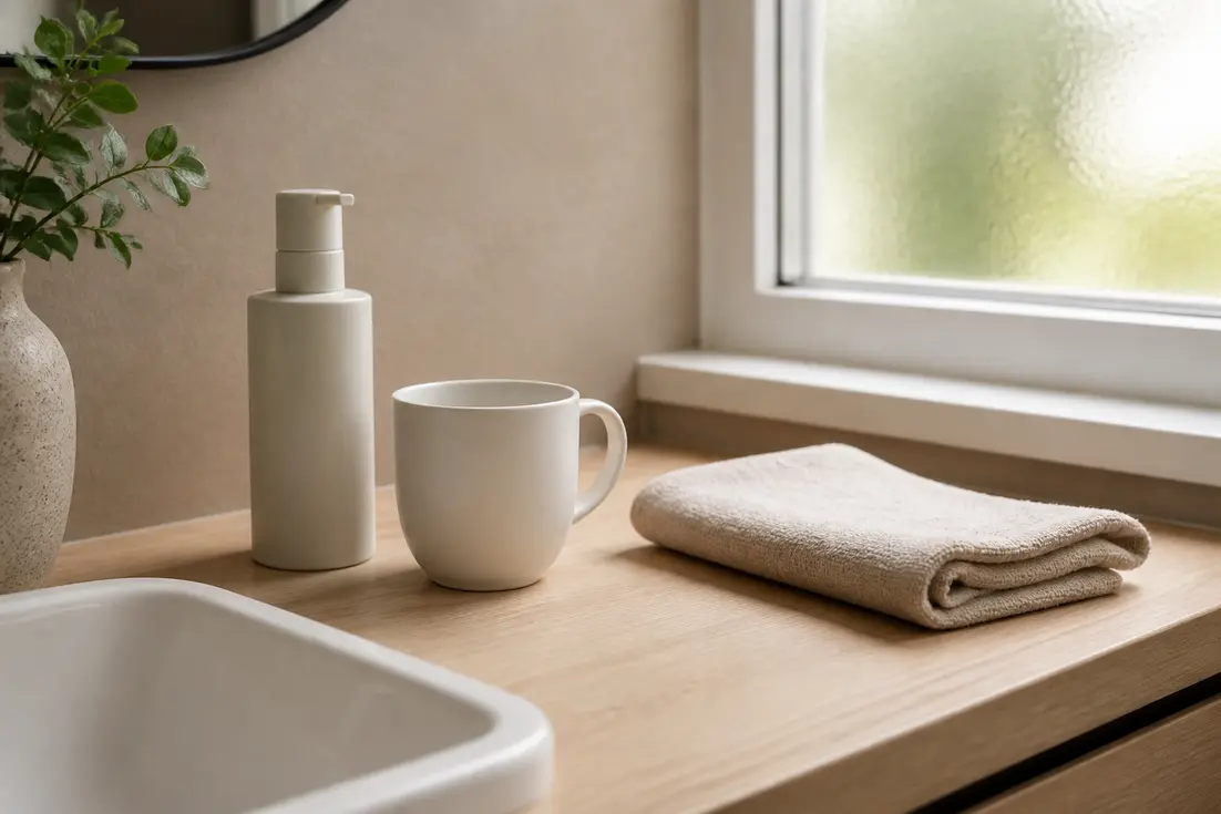Bouteille de soin dentaire minimaliste sur un meuble de salle de bain en bois avec The Smilist avis