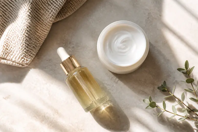 Flacon de soin antioxydant et crème hydratante disposés sur une surface claire pour la routine visage