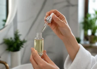 Flacon de sérum tenu en main pour illustrer une vitamine C routine visage adaptée.