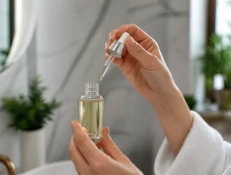Flacon de sérum tenu en main pour illustrer une vitamine C routine visage adaptée.