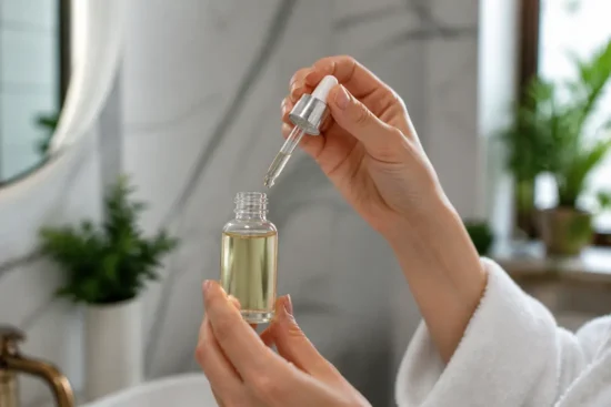 Flacon de sérum tenu en main pour illustrer une vitamine C routine visage adaptée.