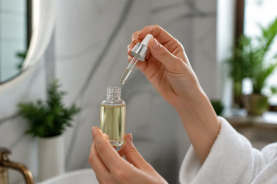 Flacon de sérum tenu en main pour illustrer une vitamine C routine visage adaptée.