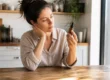 Une femme examine un flacon d'huile cosmétique dans sa cuisine, illustrant un vitalis cheveux avis négatif.