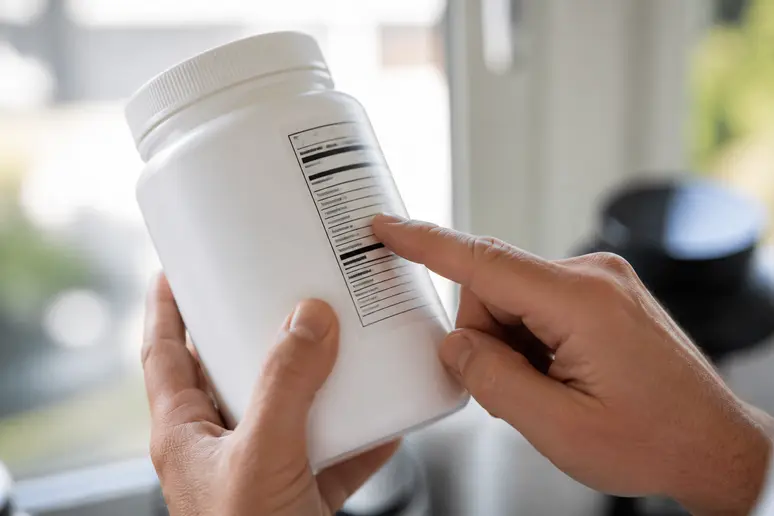 Mains lisant attentivement la liste des ingrédients sur l'étiquette d'un complément sportif pour éviter les additifs