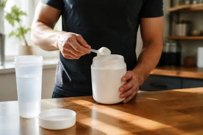 Mesure précise d'une poudre de créatine pure non aromatisée pour respecter les critères de qualité