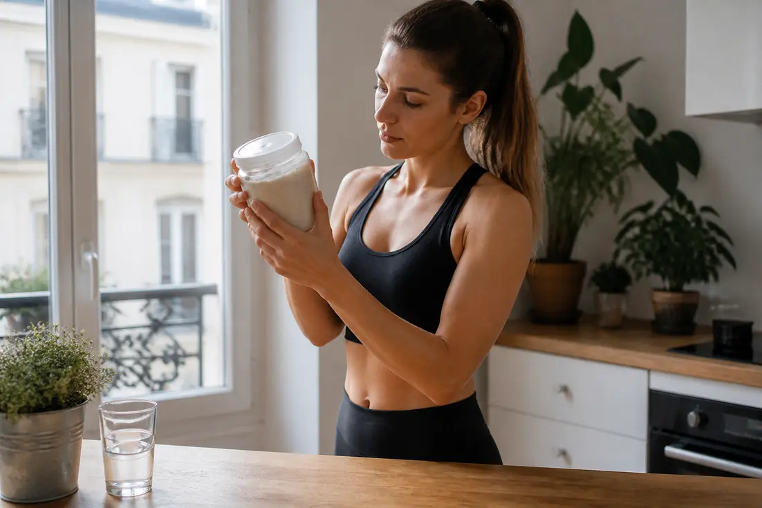 Femme examinant un pot de poudre dans sa cuisine pour savoir comment choisir compléments sportifs sans additifs