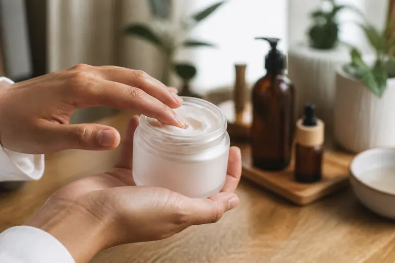crème hydratante légère pour cheveux texturés posée sur un meuble en bois