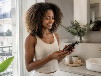 Une femme aux cheveux texturés tient un flacon de soin capillaire pour l'avis Les Secrets de Loly.
