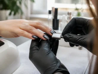 Application minutieuse d'un vernis Cat Eye avec un aimant sur une manucure en salon