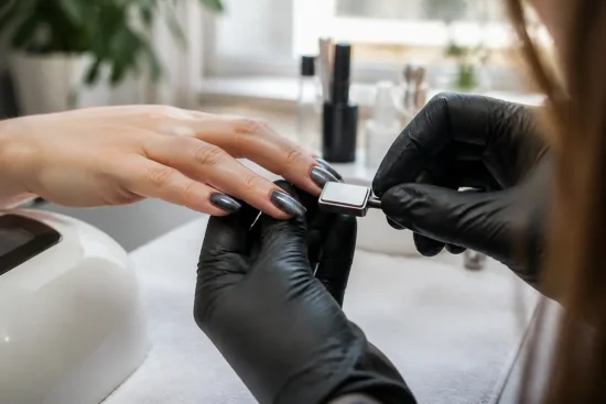 Application minutieuse d'un vernis Cat Eye avec un aimant sur une manucure en salon