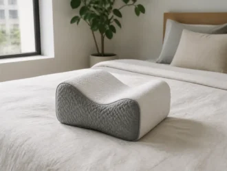 coussin Cellsius avis posé sur un lit moderne pour soulager les douleurs lombaires
