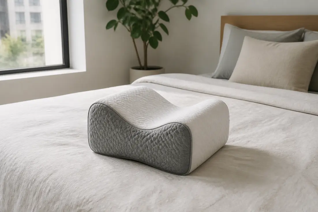 coussin Cellsius avis posé sur un lit moderne pour soulager les douleurs lombaires