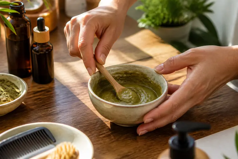 Préparation d'un soin capillaire maison pour neutraliser les reflets cuivrés après un éclaircissement naturel.