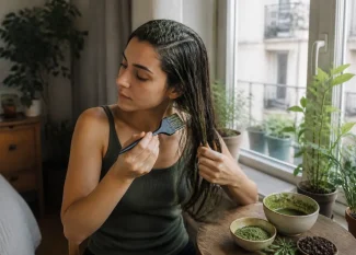 Une femme applique un masque naturel sur ses mèches pour éclaircir cheveux naturellement avant après dans son salon lumineux.
